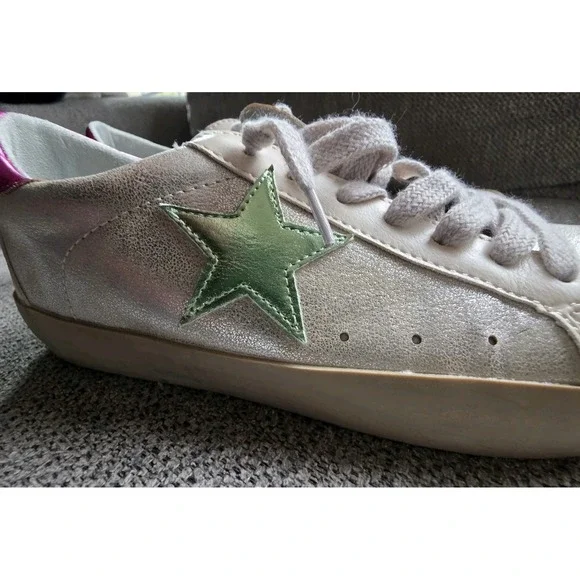 Shu Shop Paula Silver Distressed Shoes Sneakers Shiny Star US 7.5 - Picture 3 of 13
